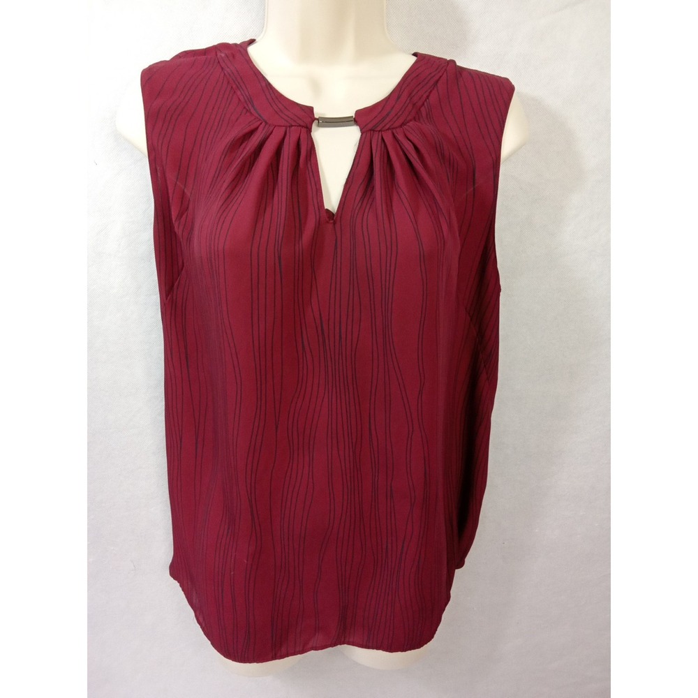 Jones New York‎ Burgundy Black Stripe Sleeveless Pleated Keyhole Blouse Shell